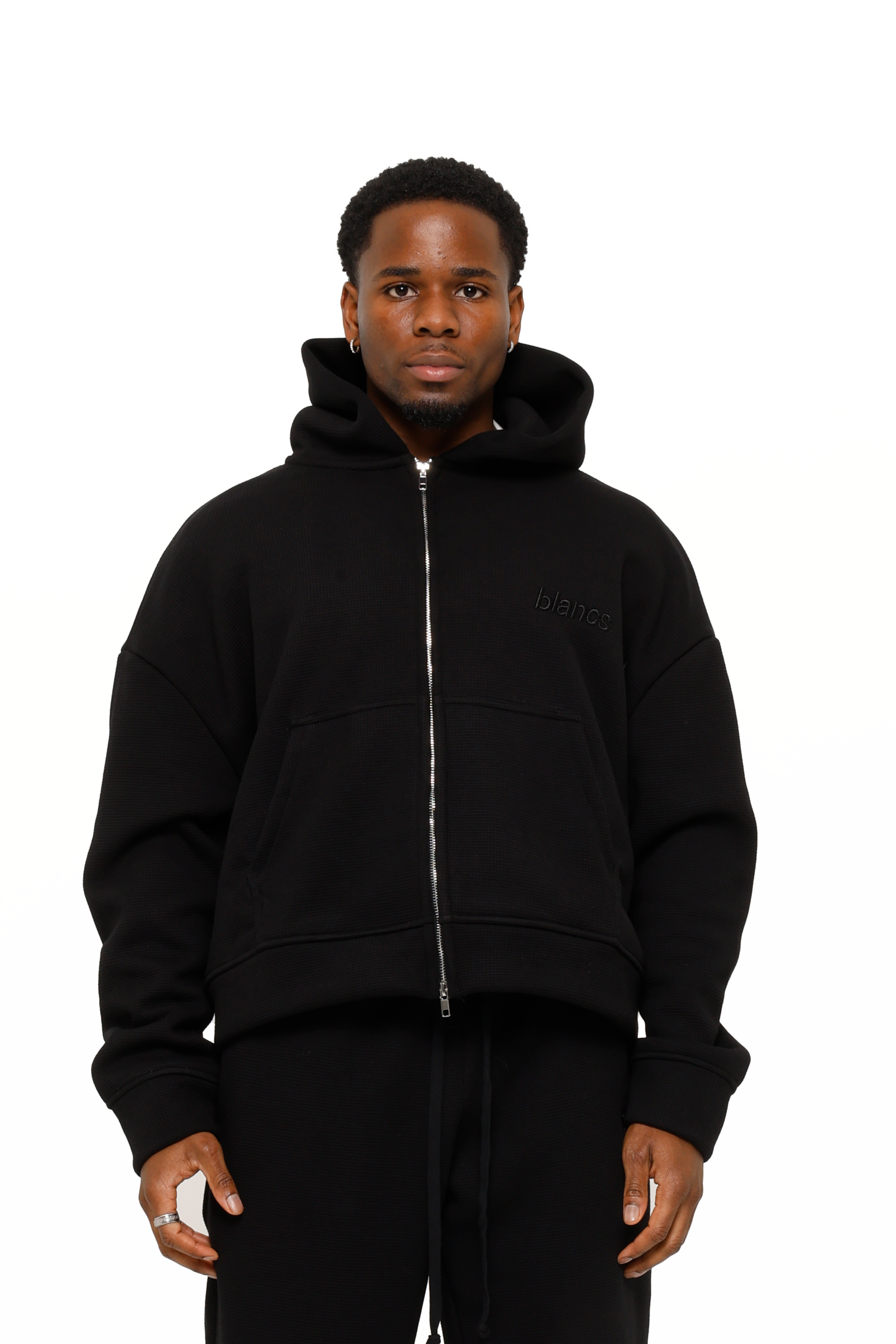 BLANCS WAFFLE KNIT ZIP UP - BLACK